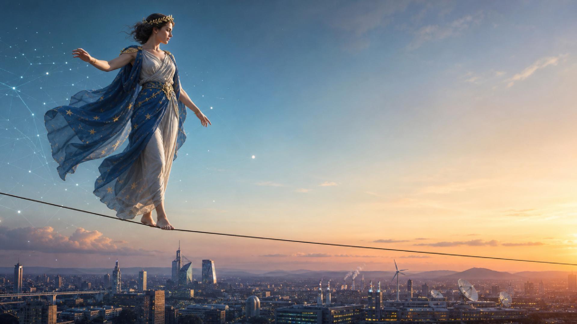 Trailer thumbnail showing Europa walking on a wire above a European city at sunset